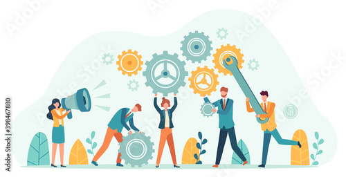 Business people with gears. Employee team create mechanism with cogs, manager with megaphone. Tiny person teamwork motivation vector concept photo