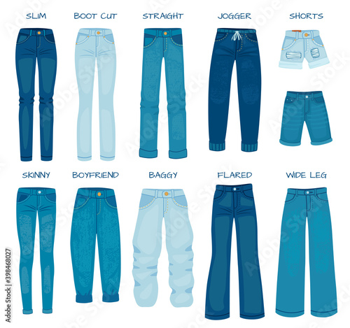 Women jeans fits. Denim female pants models skinny, straight, slim, boyfriend and boot cut. Silhouette styles of jean trousers vector set