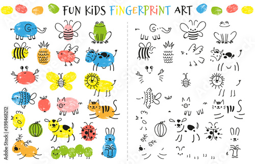 Fingerprint game for kids. Fun educational activity for children study to paint with fingers. Doodle animals and insects drawing vector set