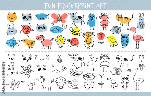 Paint with finger prints. Kids fingerprint learning art game and quiz worksheet with characters. Education drawing for children vector sheet