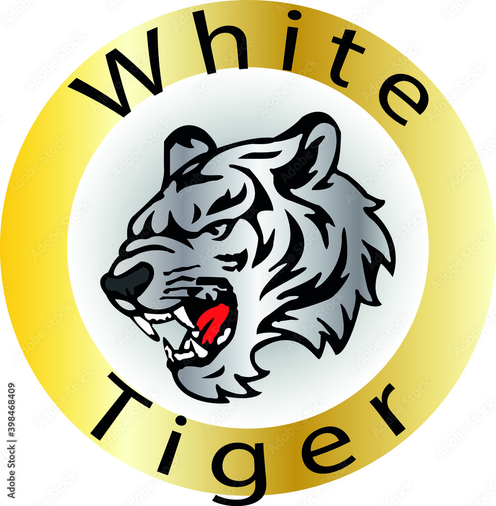 the-face-of-a-white-tiger-with-black-stripes-in-a-gold-circle-and-the