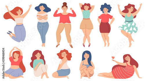 Women self love. Proud adult woman care and hugs herself, holding heart. Happy confident female. Love yourself and body positive vector set