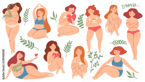 Body positive. Happy plus size beautiful women in swimsuit and underwear holding hearts and hugs knees. Female self care and love vector set
