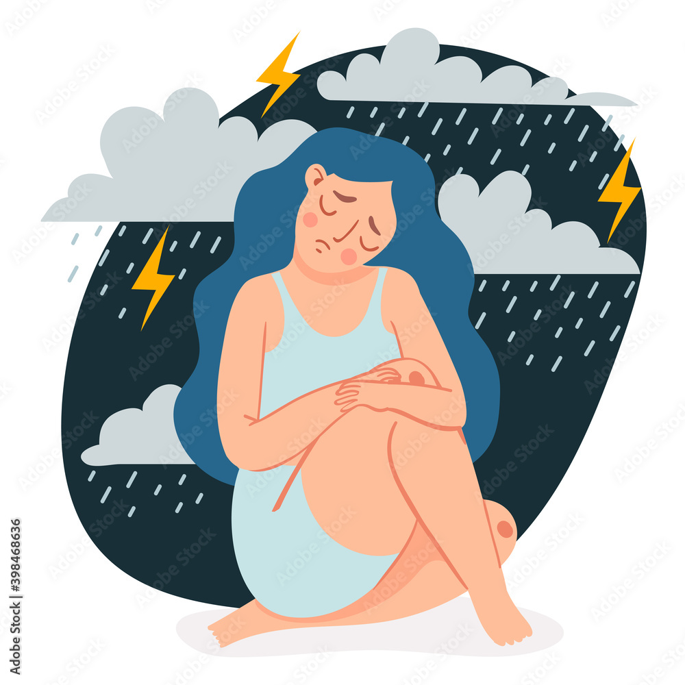 Depressed Woman Sad Lonely Girl Sitting And Hugging Her Knees Under Rain Clouds And Storm
