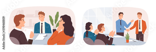 Job interview. Candidate sitting at desk with hr specialist. Office hire new employee. Worker handshake with boss. Promotion vector concept