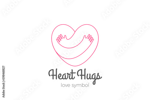 Heart Love Hugs Logo Hugging Hands design vector template Linear style. Valentines day Romantic dating Charity Donation Logotype concept icon.