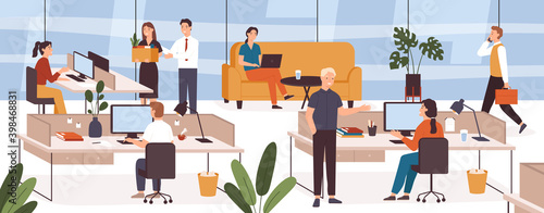 Busy people in office. Company modern workplace interior with employees sitting tables and computers. Scene with work process vector concept