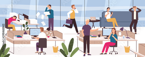 Chaos in office. Work place with stressed, lazy, sleeping or panicing workers and angry boss. Business problem at deadline vector concept