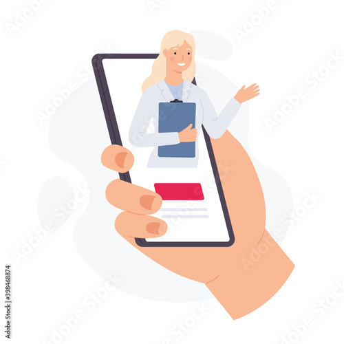 Smartphone with online doctor. Hand hold phone with virtual woman medic on screen. Medical mobile app for health consultation vector concept