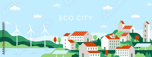 Eco city. Urban landscape of future town use alternative energy sources solar panel and windmills. Save environment ecology vector concept