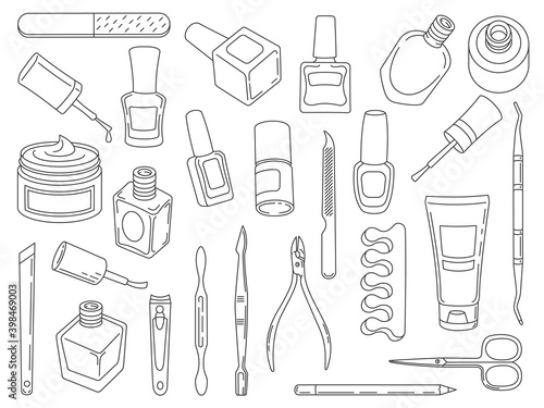 Nail polish. Manicure and pedicure tools and accessories. Linear icon of salon nails care hand cream, scissors, file and nipper, vector set