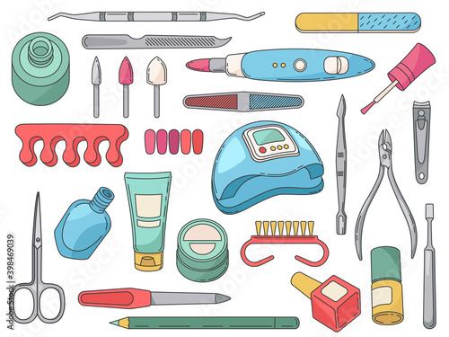 Manicure tools. Salon accessories and equipment for nails care. Polish bottle and brush, hand cream, file, scissors and clippers vector set