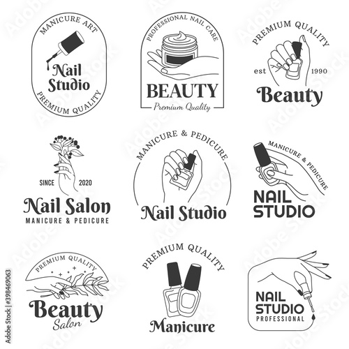 Nail salon logo. Manicure and hand care cosmetic line logos. Beautiful female hands, polish brush and flowers. Fashion boutique vector set