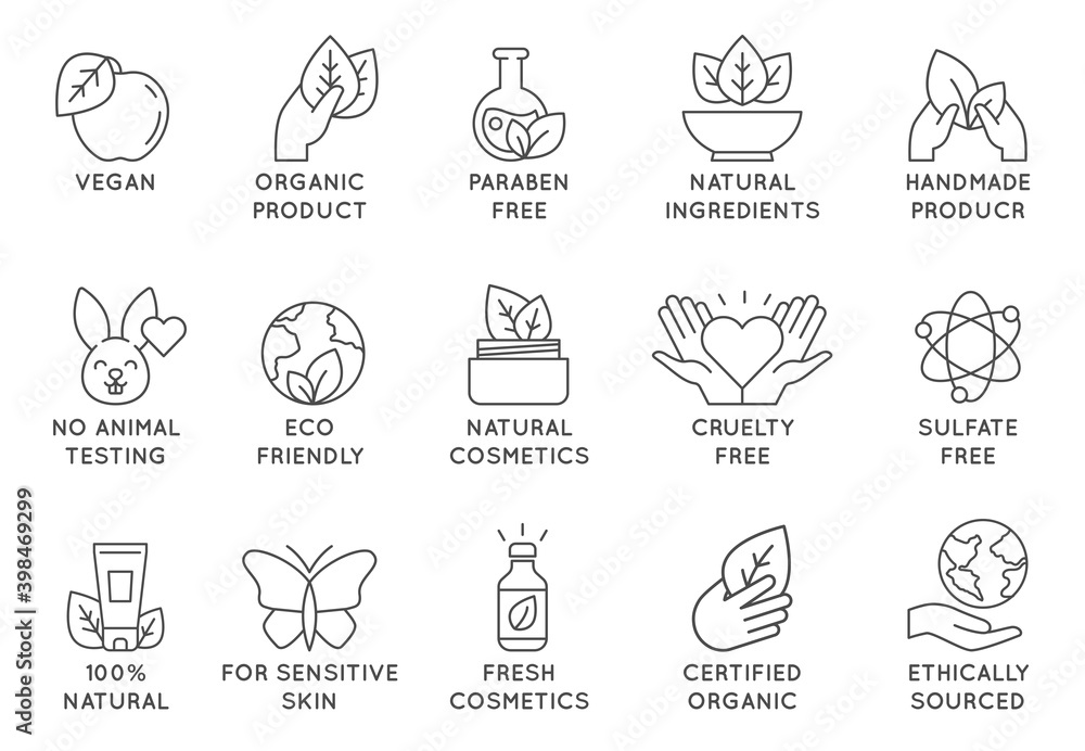 © Tartila - Organic cosmetics icon. Eco friendly cruelty free line badges for beauty products and vegan food. No animal tested, natural icons vector set © Tartila - Organic cosmetics icon. Eco friendly cruelty free line badges for beauty products and vegan food. No animal tested, natural icons vector set