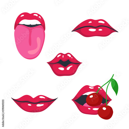 Red lips set. Sexy women lips, smile, kiss, cherry bite, tongue out. Vector illustration on white background