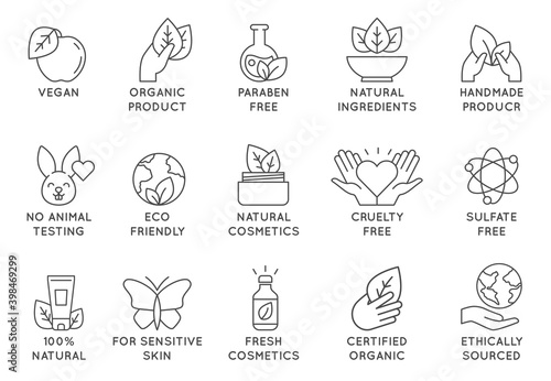 Organic cosmetics icon. Eco friendly cruelty free line badges for beauty products and vegan food. No animal tested, natural icons vector set