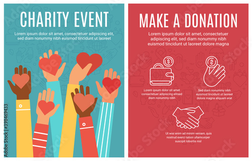 Charity event flyer. Donation and volunteering poster. Hands donate hearts and line icon elements. Community help brochure vector concept