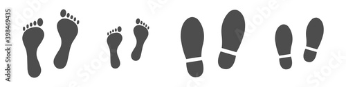 Different human footprints. Baby footprint - stock vector. Shoes for children and adults, adults and children's steps.