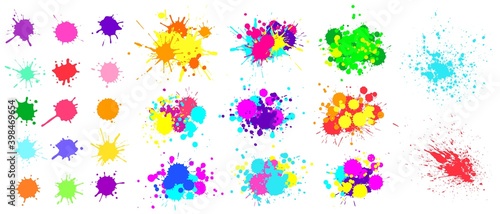 Color paint splatter. Spray paint blot element. Colorful ink stains mess. Watercolor spots in raw, splashes