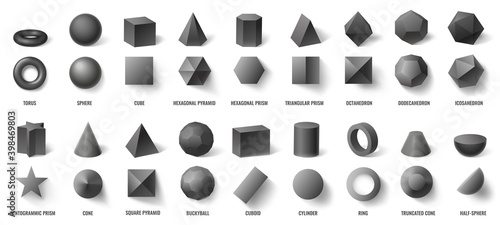 Realistic black basic geometric 3d shapes in top and front view isolated on white. Three dimensional objects