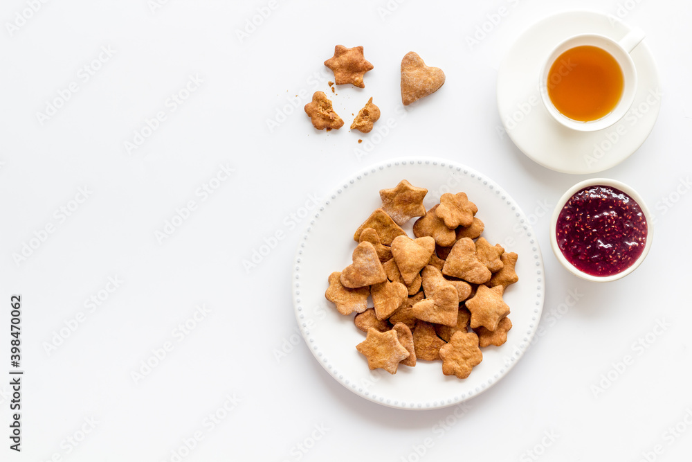 Cracker food for breakfast with tea and jam Cracker food for breakfast with tea and jam