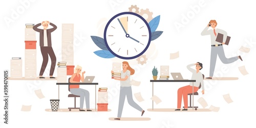 Office workers and business people working to meet deadline. Male and female colleagues in stressful environment