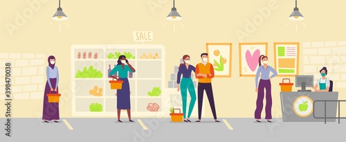 People in store line keeping social distance. Men and women wearing medical face mask buying food in supermarket