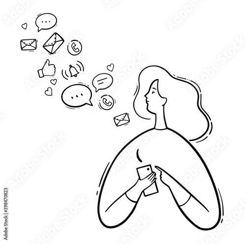 Modern life with a smartphone, hand drawn. Young woman with phone look at notifications. Phone symbols, calls, messages, likes. Hand drawn girl holding a phone