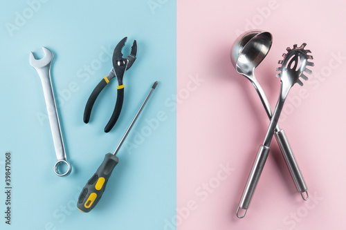 Gender stereotypes concept - female and male objects on pink and blue background, flat lay