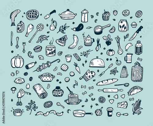 Cooking. Vector Set for menu decoration. Hand drawn doodle Food and Kitchen utensils.
