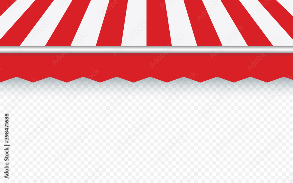 Obraz premium Red striped awning for shop. Red tent sun shade for market on transparent background. Trend design. Vector illustration