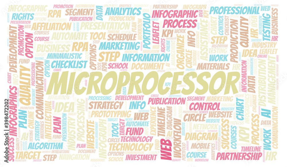 Microprocessor typography word cloud create with the text only. Microprocessor typography word cloud create with the text only.
