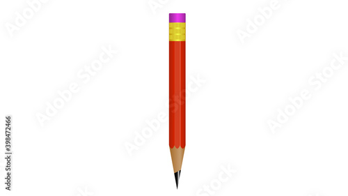 Realistic pencil with eraser. Red drawing tool for education and studies. Office supplies, stationery element.