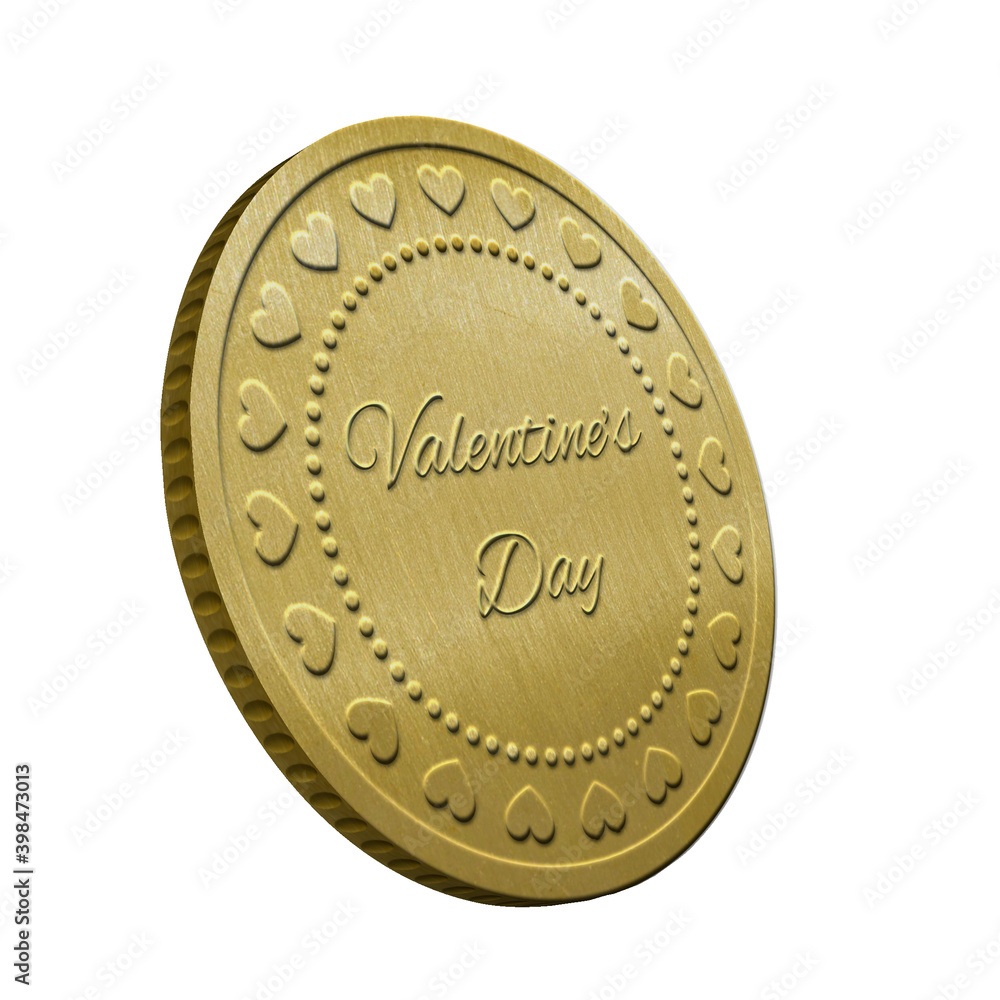 Stylish Valentine’s golden embossed greeting coin with lettering isolated on white background, 3D render Stylish Valentine’s golden embossed greeting coin with lettering isolated on white background, 3D render