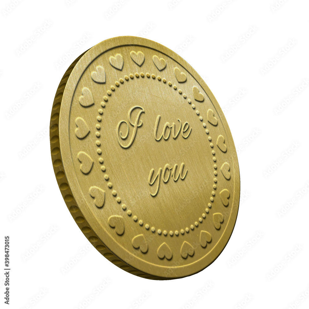 Stylish Valentine’s golden embossed greeting coin with lettering isolated on white background, 3D render Stylish Valentine’s golden embossed greeting coin with lettering isolated on white background, 3D render