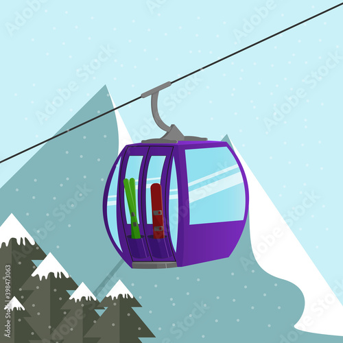 Alps ski lift gondola with skis and snowboard above the mountain's peak. Extreme tourist backgrounds and vector illustrations