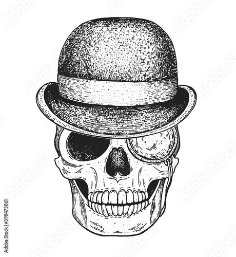 Skull hand drawn illustration. Tattoo vintage print. Hipster skull with pince sketch. Vector print. Hat on the skull.