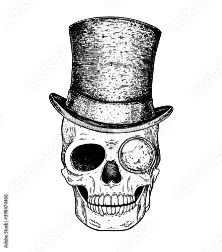 Human skull hand drawn illustration. Cylinder hat on the skull. Tattoo vintage print. Retro skull sketch illustration. Vector print. Engraved style.
