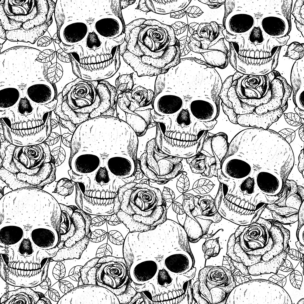 Skull and roses seamless pattern. Hand drawn vector illustration. Fabric design template. Skull background.