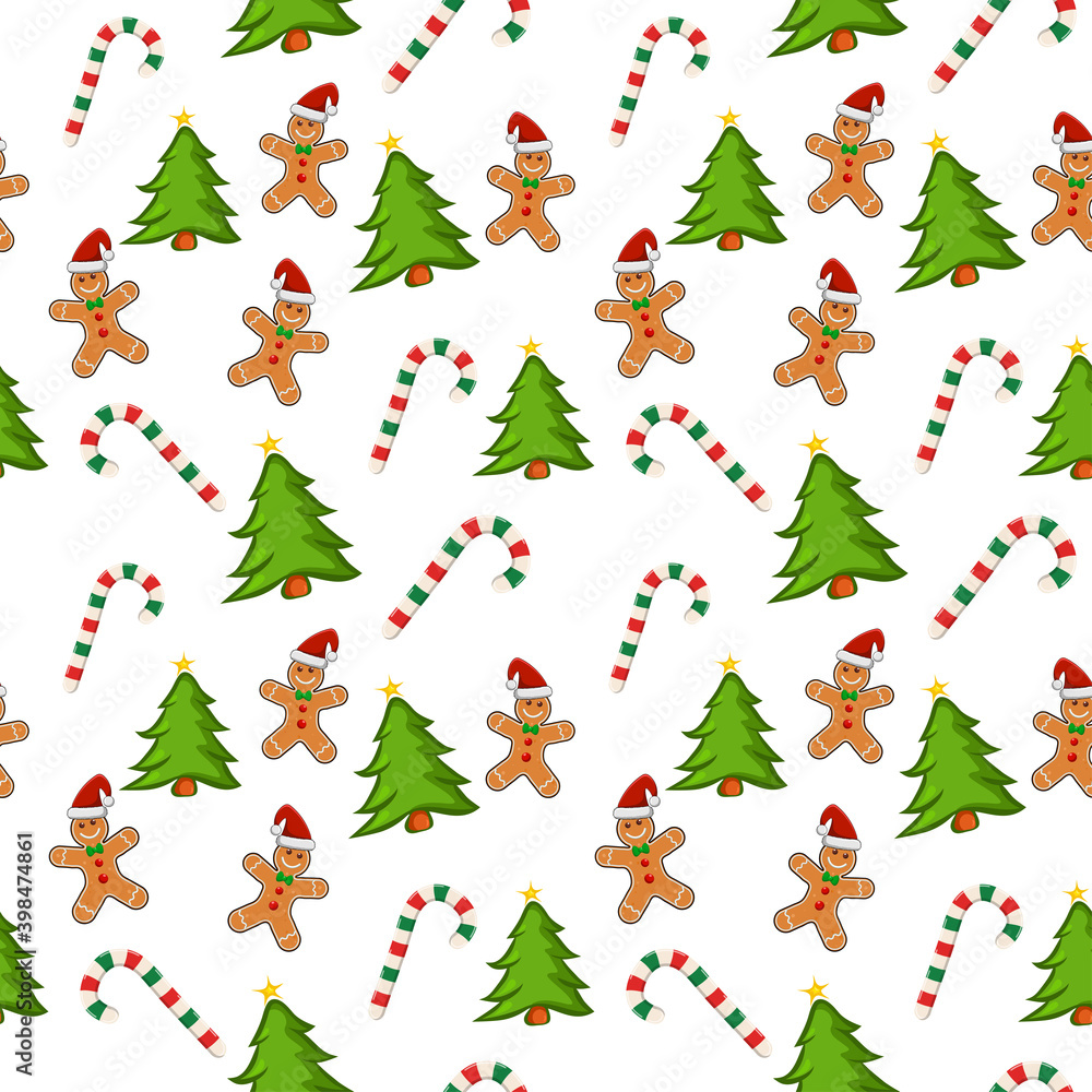 Holiday pattern with gingerbread cookies, candy cane and christmas tree on white background. Wrapping paper with repeating tile. Great for christmas card or background. Vector seamless pattern.