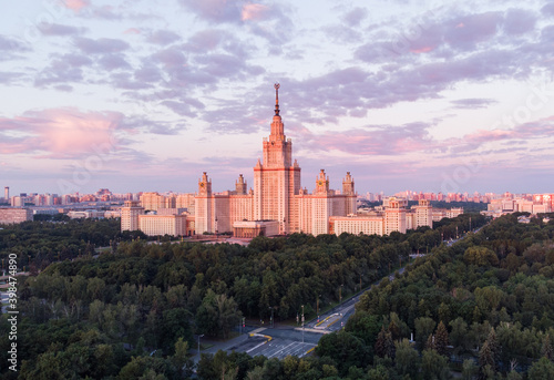 Moscow State University sunrise aerial drone shot. Moscow Russia beautiful morning sun scenery, magnificent iconic architecture, historical image