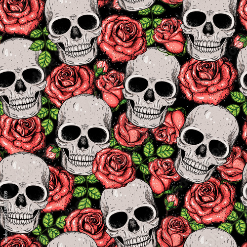 Skull and roses seamless pattern. Hand drawn vector illustration. Fabric design template. Skull background.