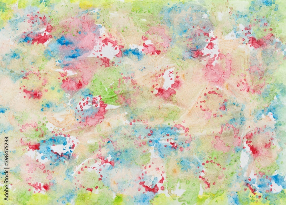 Abstract watercolor painting with color blots in green, blue, pink, ocher and yellow