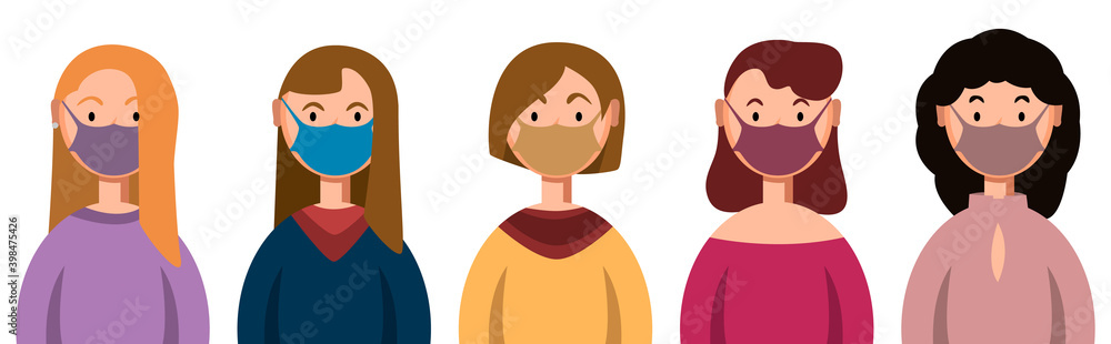 Different women in masks. People in medical masks, virus protection. Different women in masks. People in medical masks, virus protection.