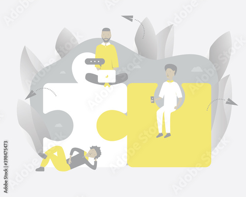 People are gathering a puzzle. A metaphor for building a splash and plans, searching for solutions. Vector illustration with Web communication idea for telework, remote working, social media, business