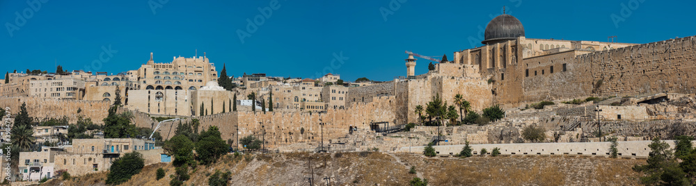 Panorama of cityscape on the  Temple Mount, with dome of Al-Aqsa mosque, old city of Jerusalem, Aerial view from Mount of Olives.