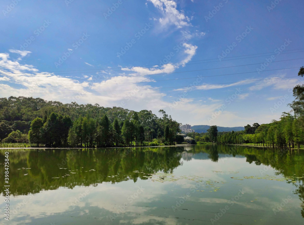 River and trees. Reflections in water.  Southern China Botanical Garden. Guangzhou. Guangdong. China. Asia.	