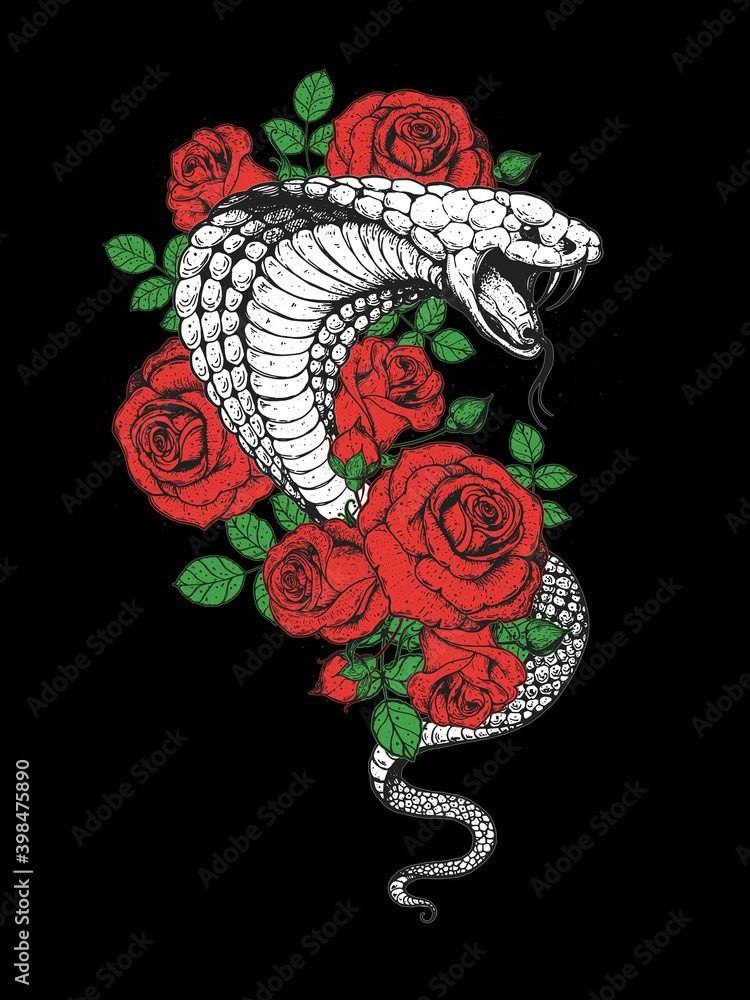Cobra snake and roses flowers hand drawn illustration. Tattoo vintage