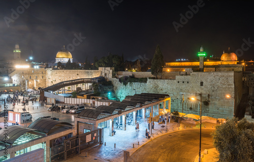 Night view of entrance of western wall and Mosque of Al-aqsa   and  the dome of the rock  an Islamic shrine located on the Temple Mount in the Old City of Jerusalem.
