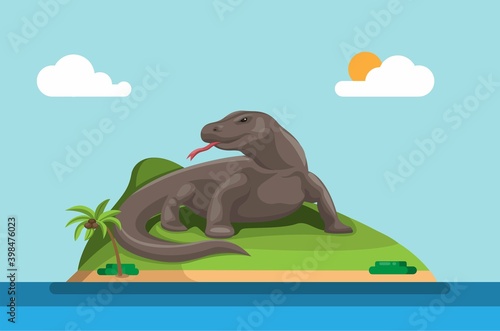 Komodo island. indonesian island habitat of the Komodo dragon  the largest lizard on Earth. concept in cartoon illustration vector